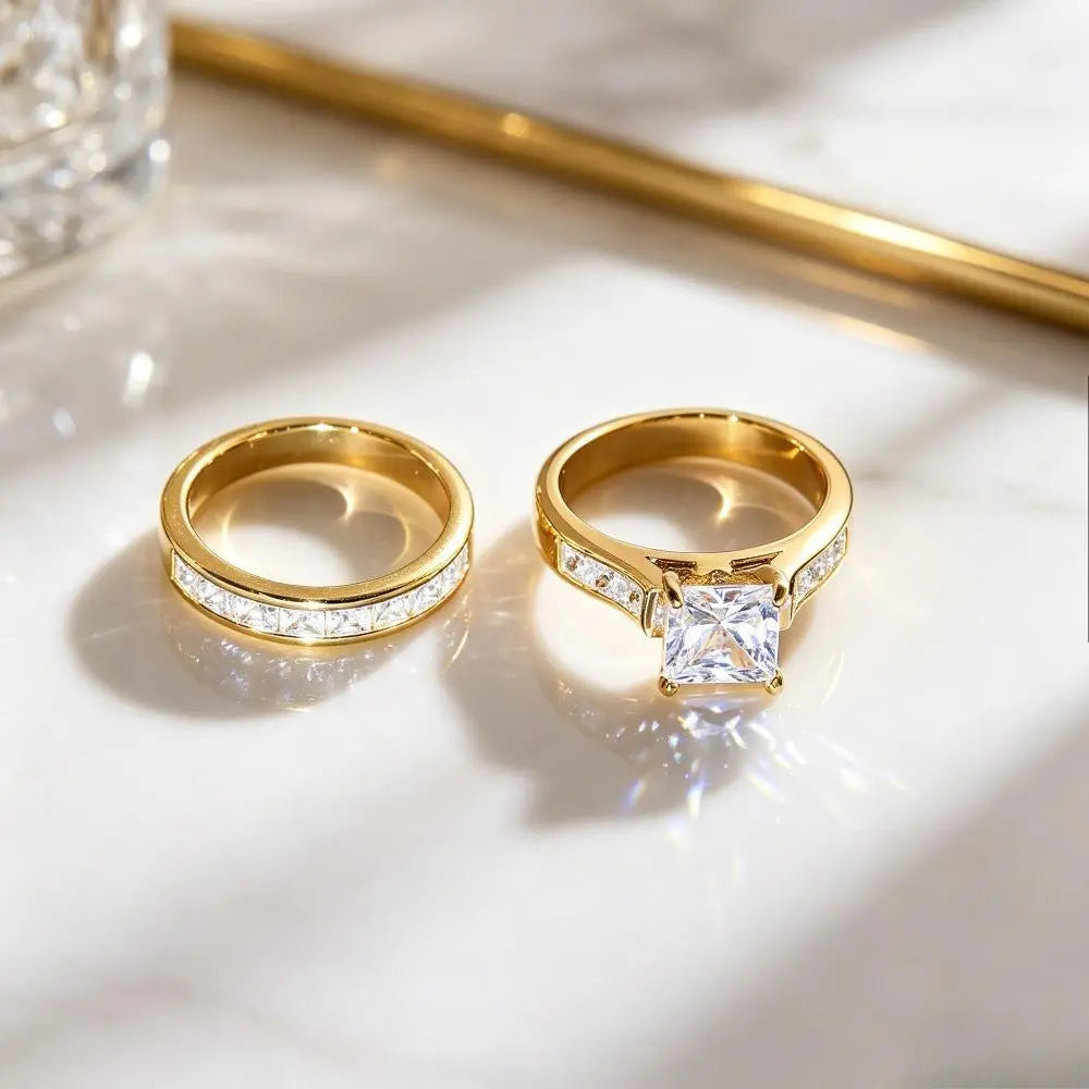 Classic Princess Cut Engagement Ring Set, 2-Piece Gold-Tone Promise & Wedding Band, Timeless Statement Jewelry Gift for Her, Perfect for Valentine'S Day, Christmas & Special Occasions
