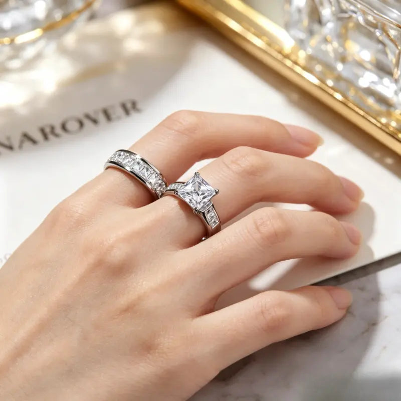 Classic Princess Cut Engagement Ring Set, 2-Piece Gold-Tone Promise & Wedding Band, Timeless Statement Jewelry Gift for Her, Perfect for Valentine'S Day, Christmas & Special Occasions