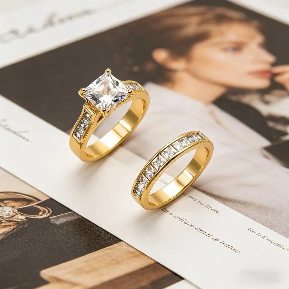 Classic Princess Cut Engagement Ring Set, 2-Piece Gold-Tone Promise & Wedding Band, Timeless Statement Jewelry Gift for Her, Perfect for Valentine'S Day, Christmas & Special Occasions