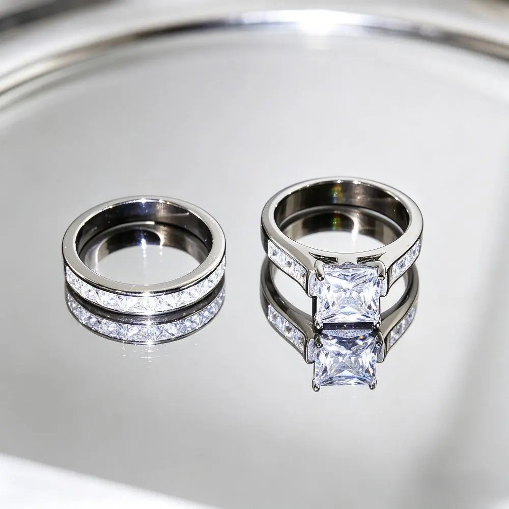 Classic Princess Cut Engagement Ring Set, 2-Piece Gold-Tone Promise & Wedding Band, Timeless Statement Jewelry Gift for Her, Perfect for Valentine'S Day, Christmas & Special Occasions