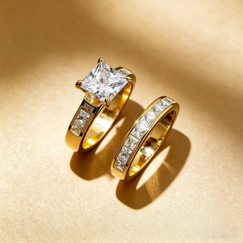 Classic Princess Cut Engagement Ring Set, 2-Piece Gold-Tone Promise & Wedding Band, Timeless Statement Jewelry Gift for Her, Perfect for Valentine'S Day, Christmas & Special Occasions